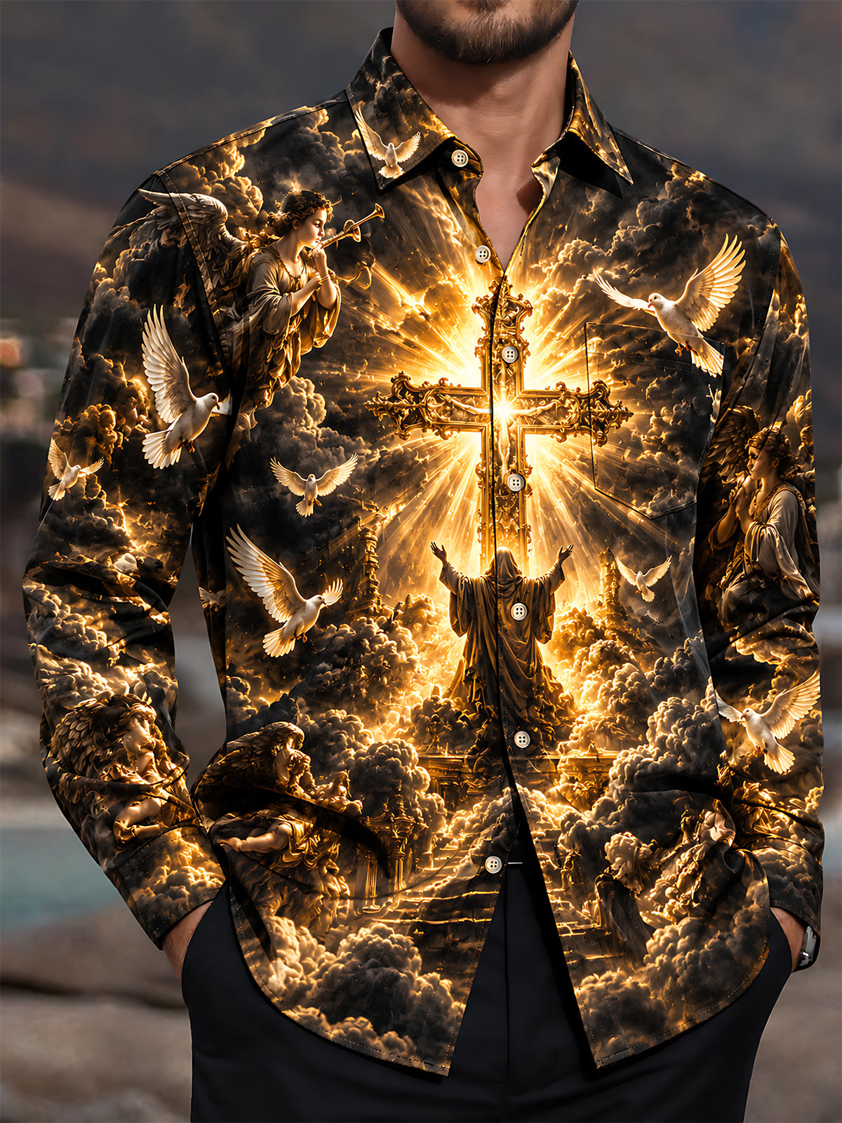 Oceanlyte Men's Graphic Religious Cross And Angels Print Short Sleeve Shirt with Chest Pocket