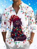 Oceanlyte Men's Long Sleeve Shirt - Black Cat With Christmas Lights And Knit Hat Print with Chest Pocket