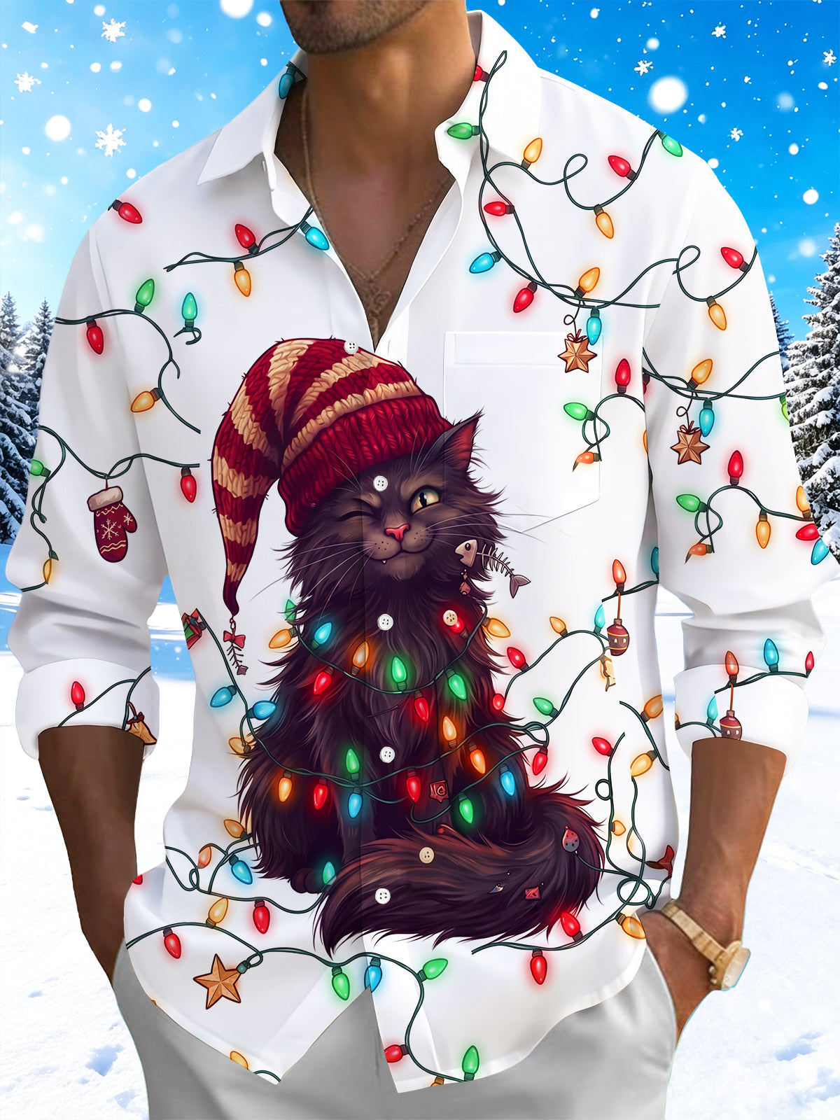 Oceanlyte Men's Long Sleeve Shirt - Black Cat With Christmas Lights And Knit Hat Print with Chest Pocket