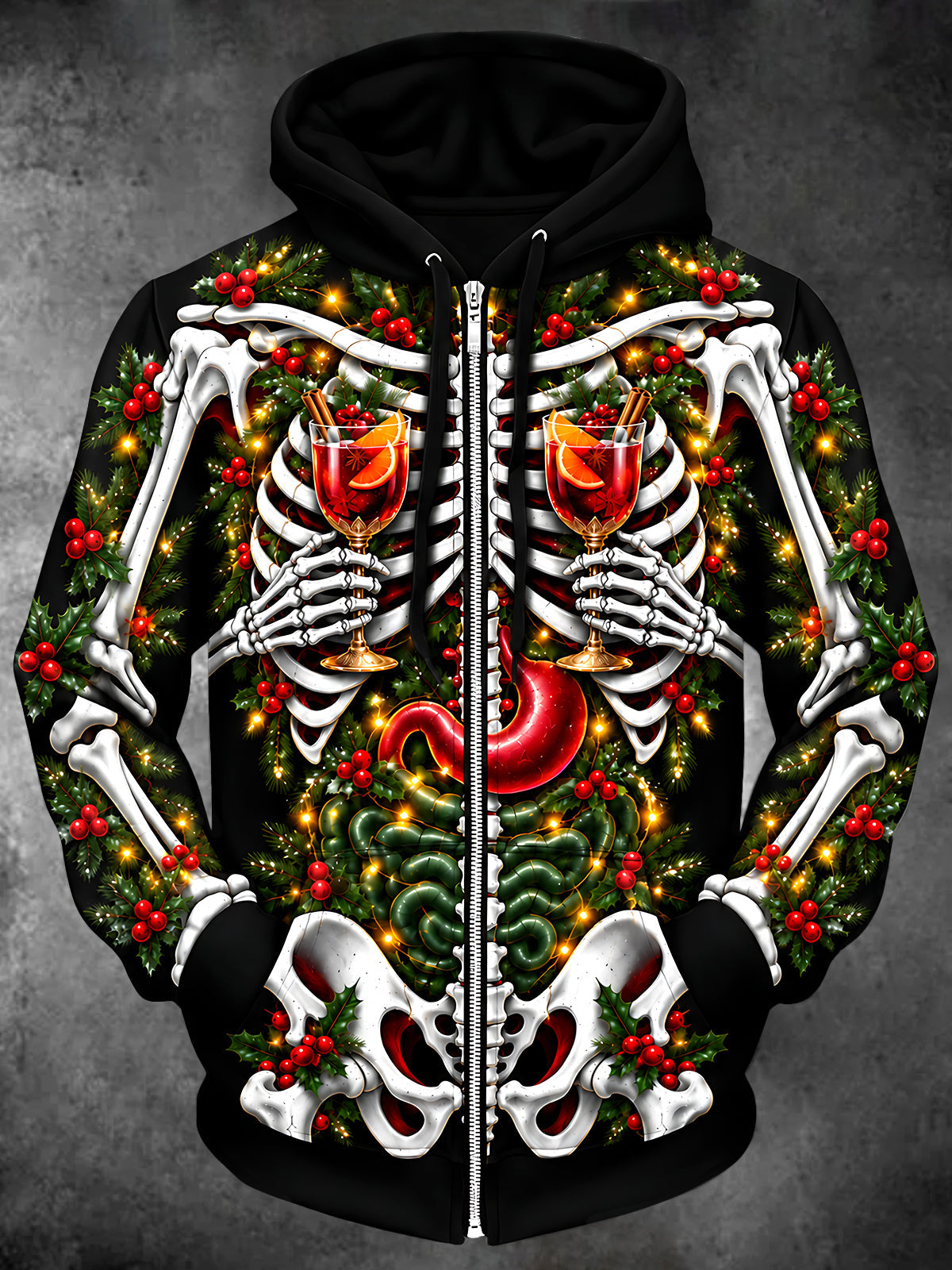 Oceanlyte Men's Long Sleeve Zip-Up Hoodie - Skeleton Anatomy With Christmas Drinks Print