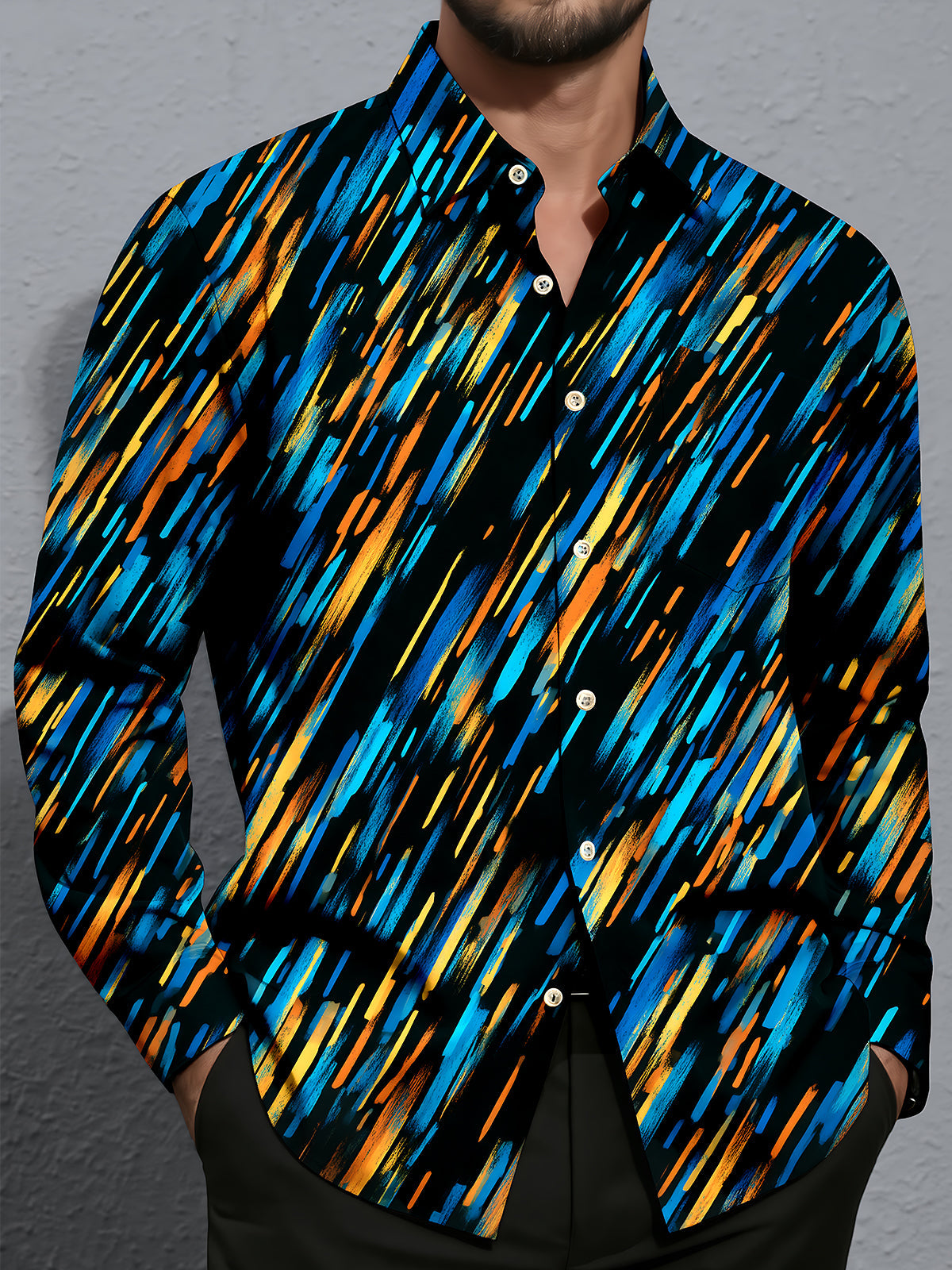 Oceanlyte Men's Abstract Geometric Brushstrokes Print Long Sleeve Shirt with Chest Pocket