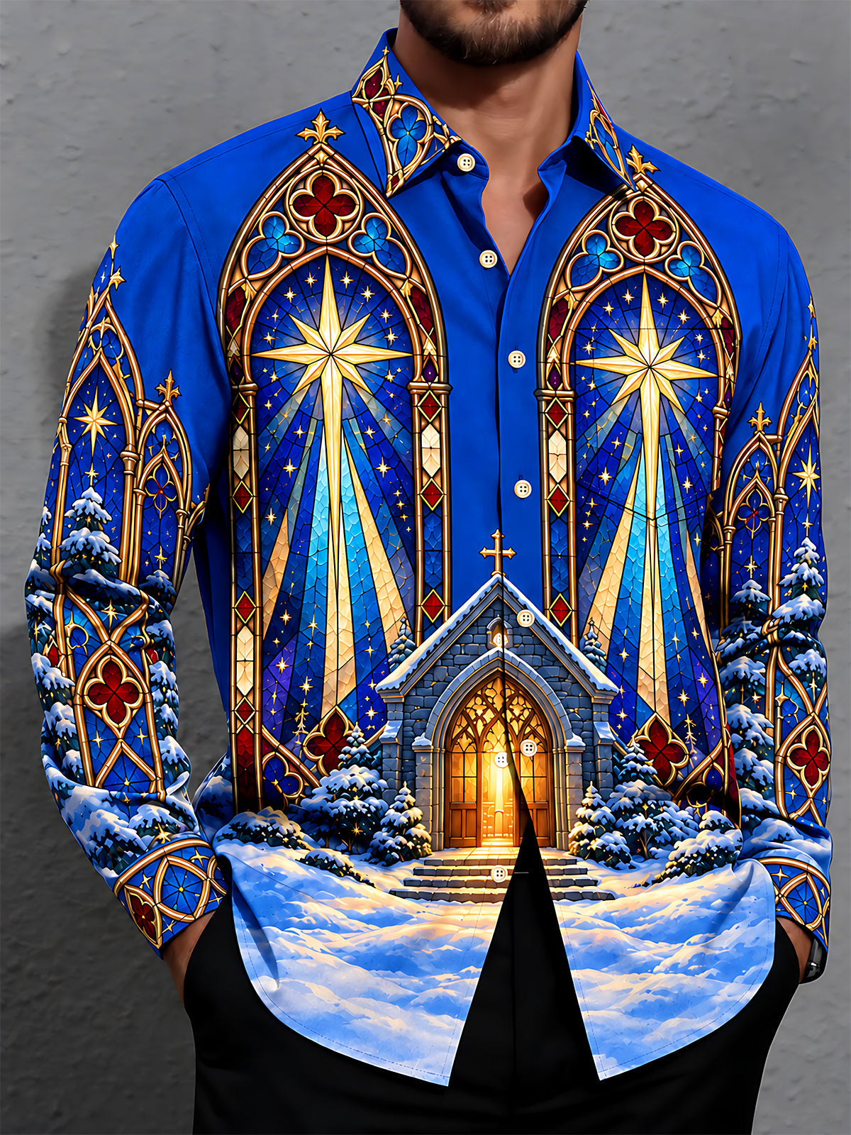 Oceanlyte Men's Long Sleeve Shirt - Christmas Gothic Church Stained Glass Windows And Snowy Landscape Print with Chest Pocket