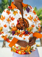 Oceanlyte Men's Thanksgiving Turkey And Harvest Produce Print Long Sleeve Shirt with Chest Pocket