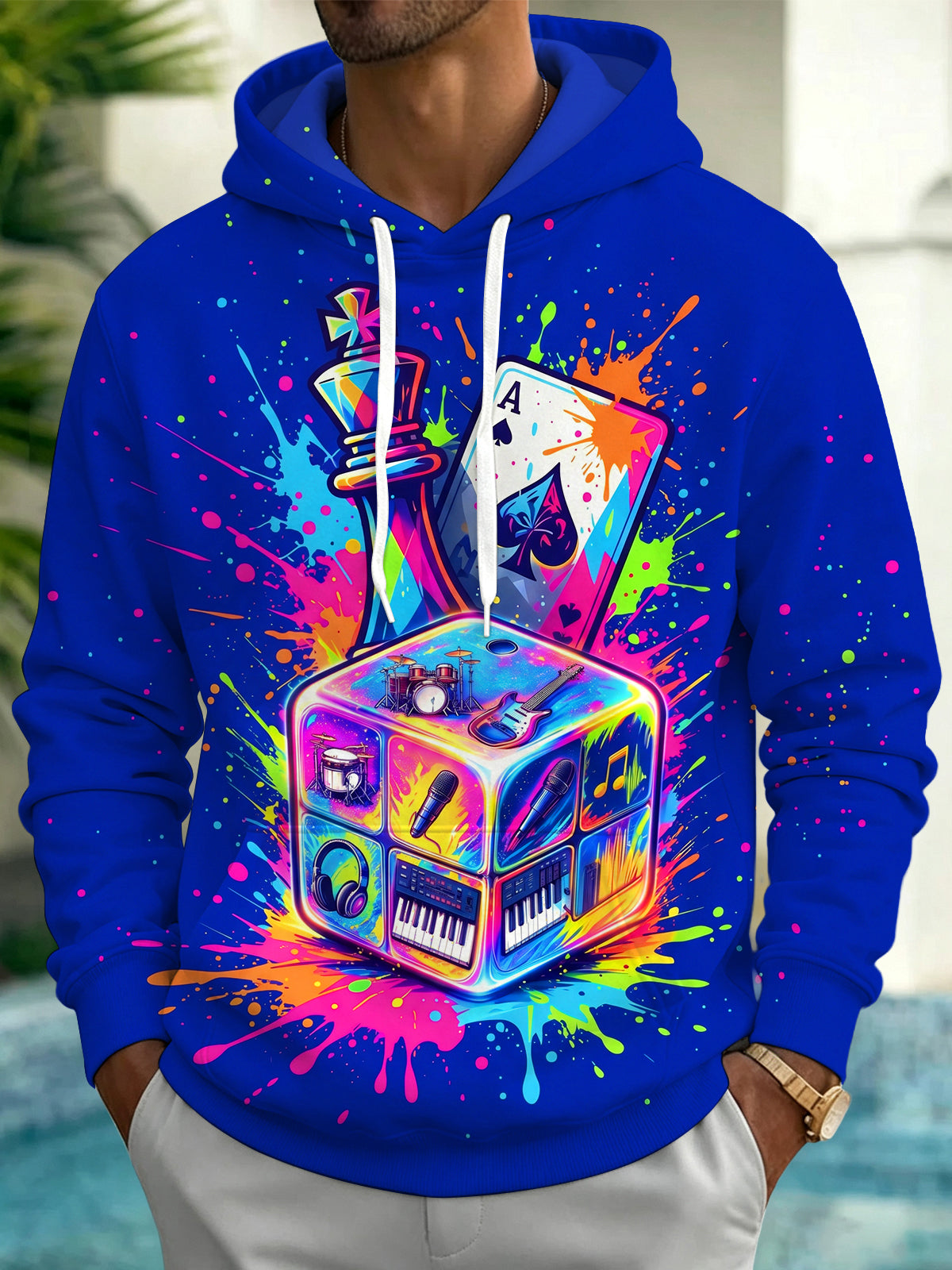 Oceanlyte Men's Graphic Music Dice And Poker Cards Print Long Sleeve Hoodie