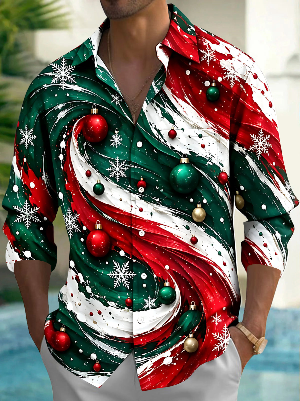 Oceanlyte Men's Long Sleeve Shirt - Abstract Swirls With Christmas Ornaments And Snowflakes Print with Chest Pocket