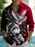 Oceanlyte Men's Long Sleeve Shirt - Christmas Wolf And Peace Dove With Snow And Berries Print with Chest Pocket