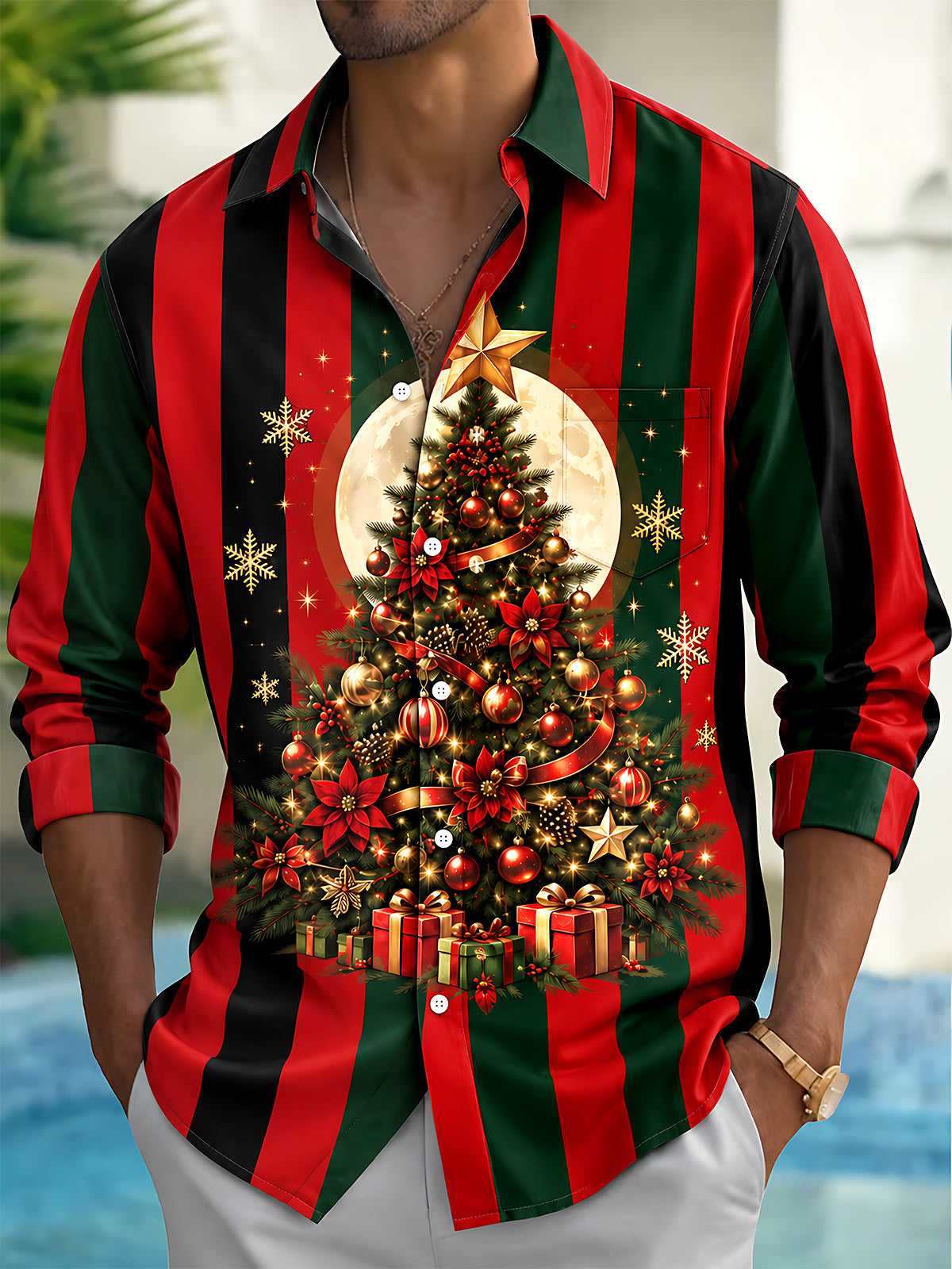 Oceanlyte Men's Christmas Tree With Ornaments And Gifts Print Long Sleeve Shirt with Chest Pocket