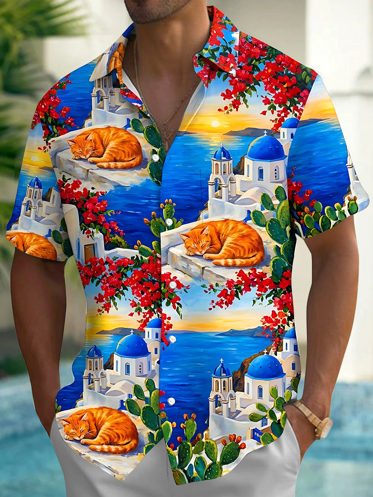 Oceanlyte Men's Hawaiian Santorini Scenery Print Short Sleeve Shirt with Chest Pocket