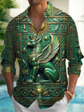 Oceanlyte Men's Graphic Ancient Egyptian Griffin Relief Print Long Sleeve Shirt with Chest Pocket