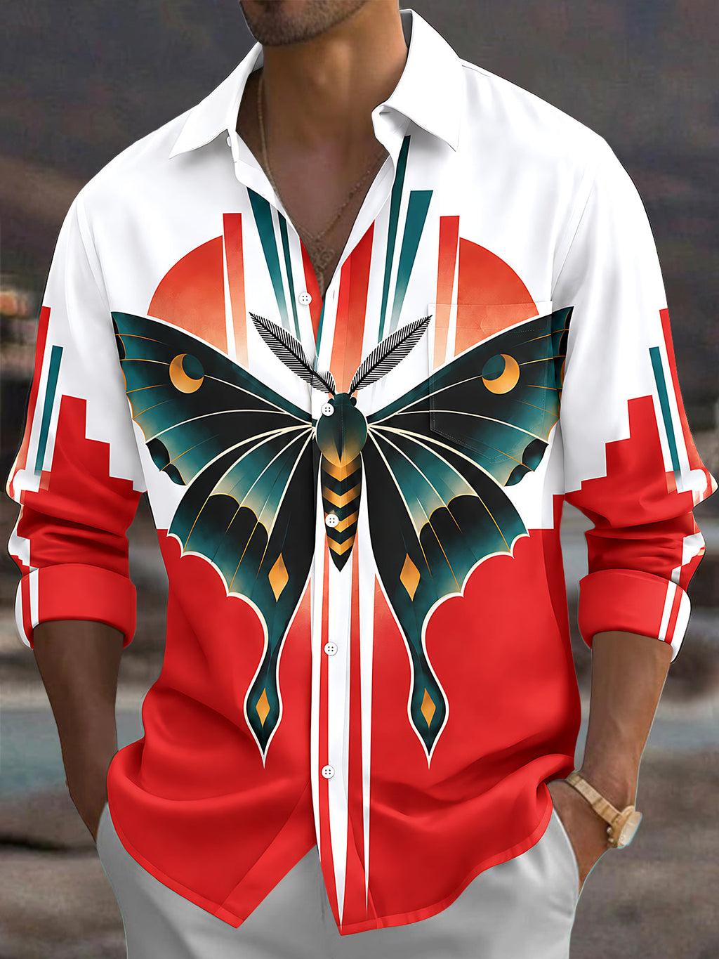 Oceanlyte Men's Luna Moth With Geometric Sun And Stripes Print Long Sleeve Shirt with Chest Pocket