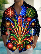 Oceanlyte Men's Long Sleeve Shirt - Christmas Fireworks Rockets And Ornaments Print with Chest Pocket