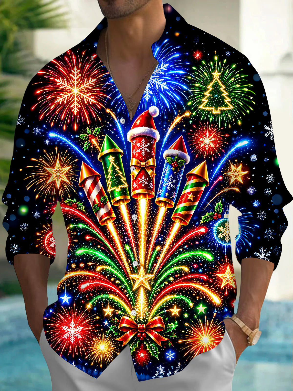 Oceanlyte Men's Long Sleeve Shirt - Christmas Fireworks Rockets And Ornaments Print with Chest Pocket