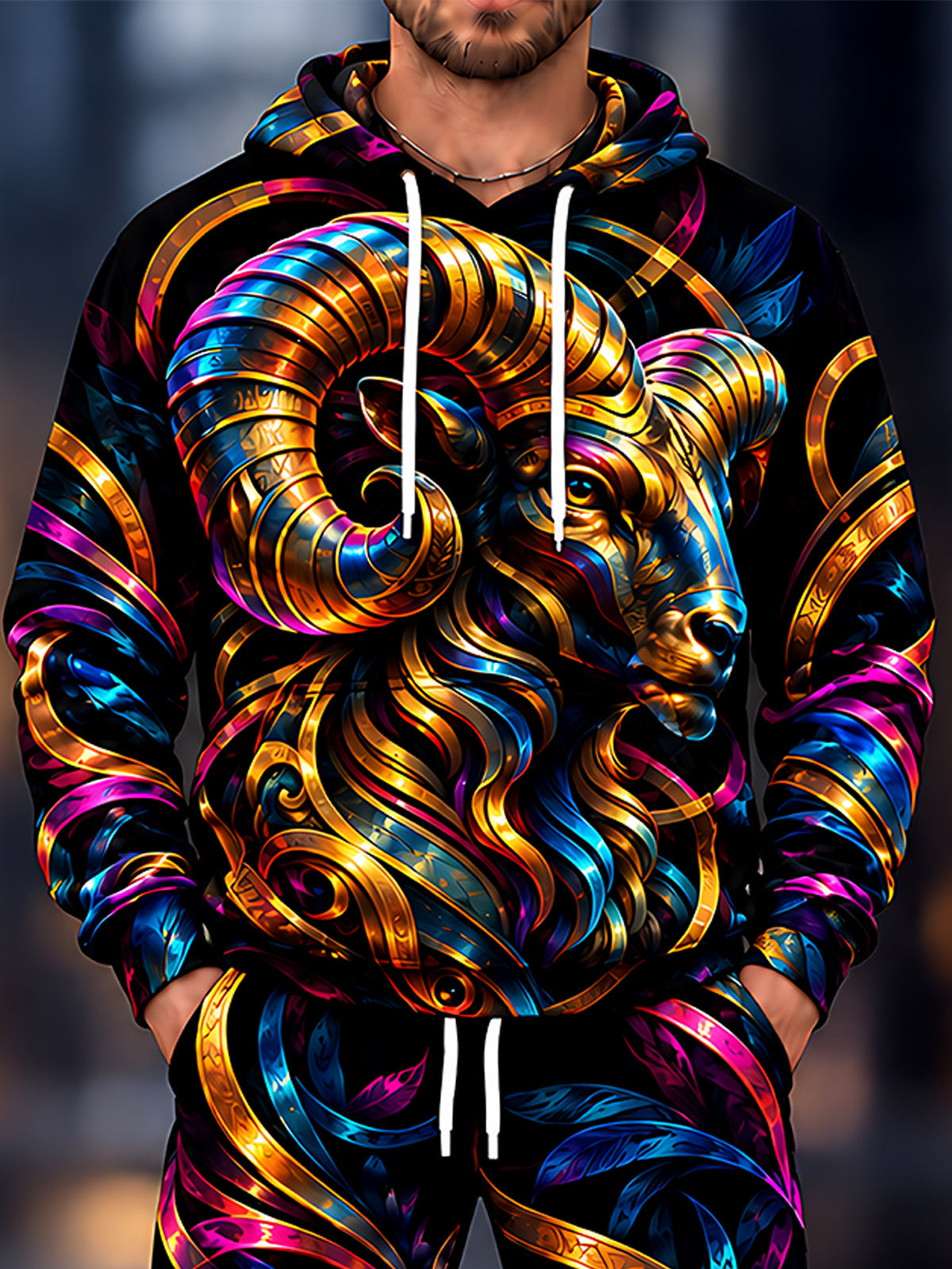 Oceanlyte Men's Long Sleeve Hoodie - Colorful Ram Head With Swirling Patterns Print