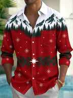 Oceanlyte Men's Printed Snowy Mountains And Pine Forest Print Long Sleeve Shirt with Chest Pocket