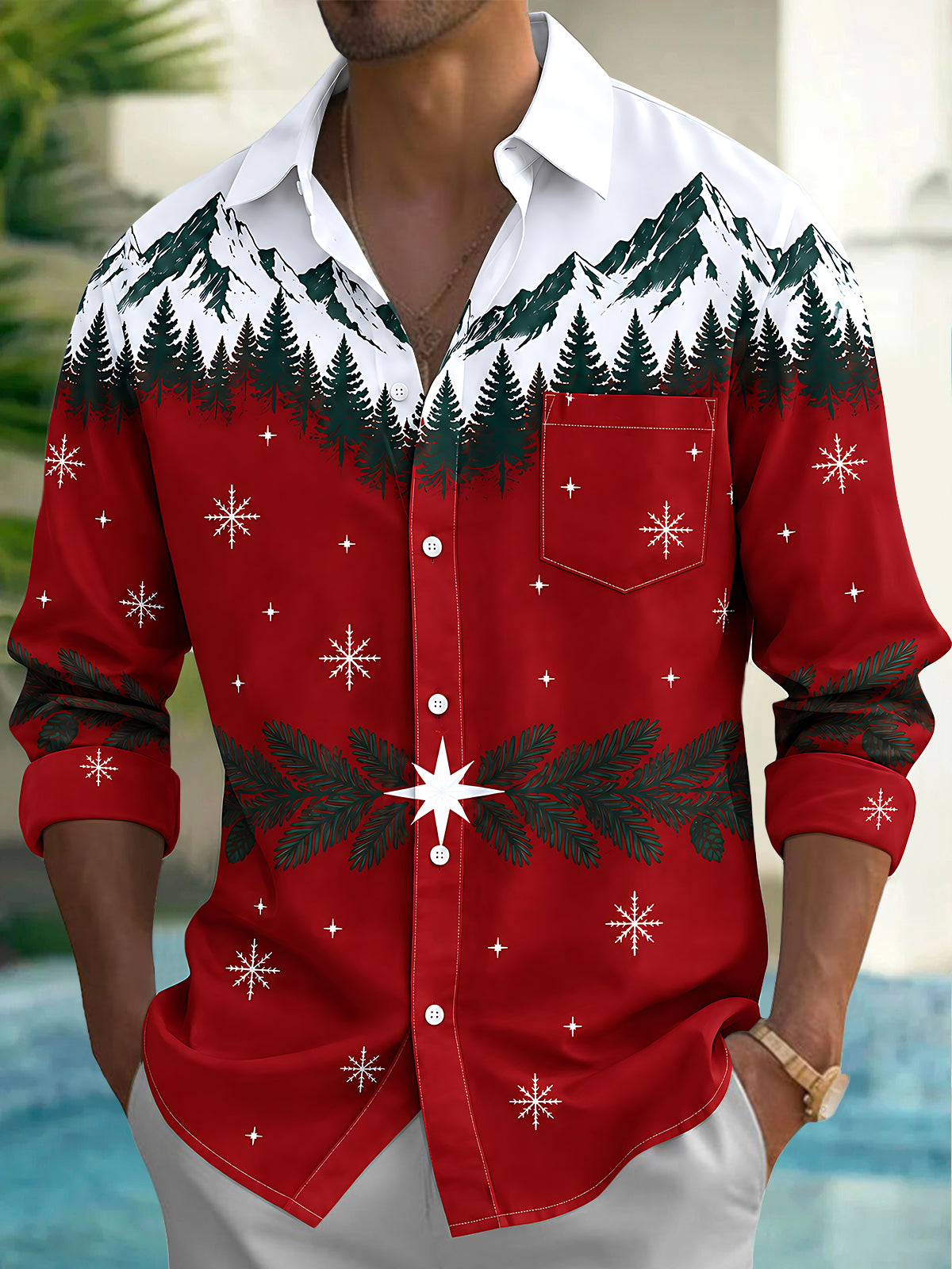Oceanlyte Men's Printed Snowy Mountains And Pine Forest Print Long Sleeve Shirt with Chest Pocket