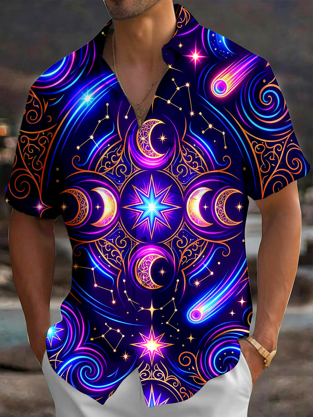 Oceanlyte Men's Hawaiian Crescent Moons And Stars Print Short Sleeve Shirt with Chest Pocket