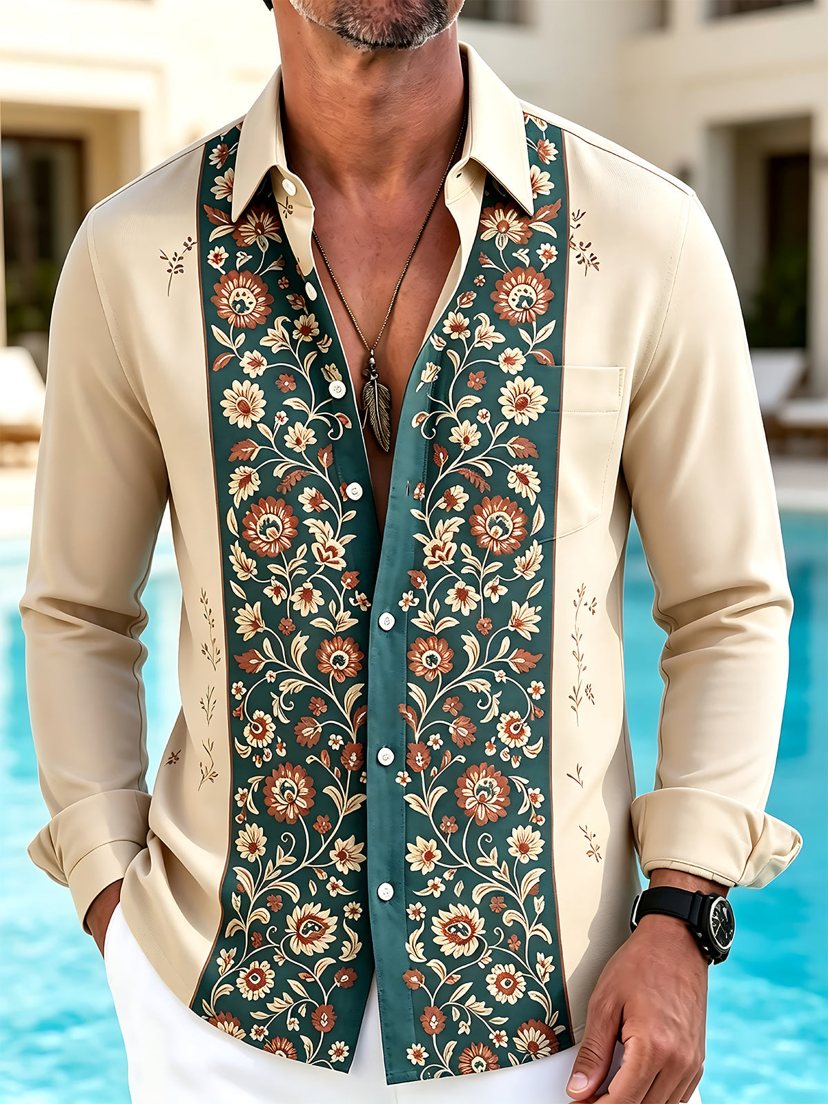 Oceanlyte Men's Vintage Style Vintage Floral Vine Pattern Long Sleeve Shirt with Chest Pocket