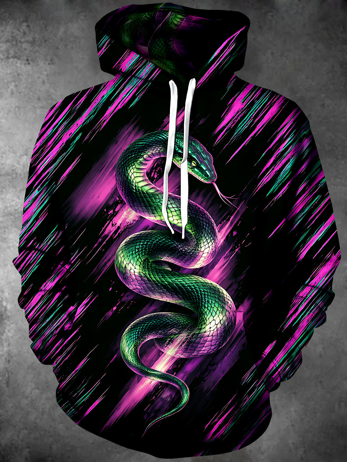 Oceanlyte Men's Long Sleeve Hoodie - Green Snake With Neon Pink And Teal Background Print
