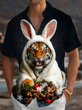Oceanlyte Men's Short Sleeve Shirt - Christmas Ornaments And Pine Cones Print Tiger In Bunny Costume Print with Chest Pocket