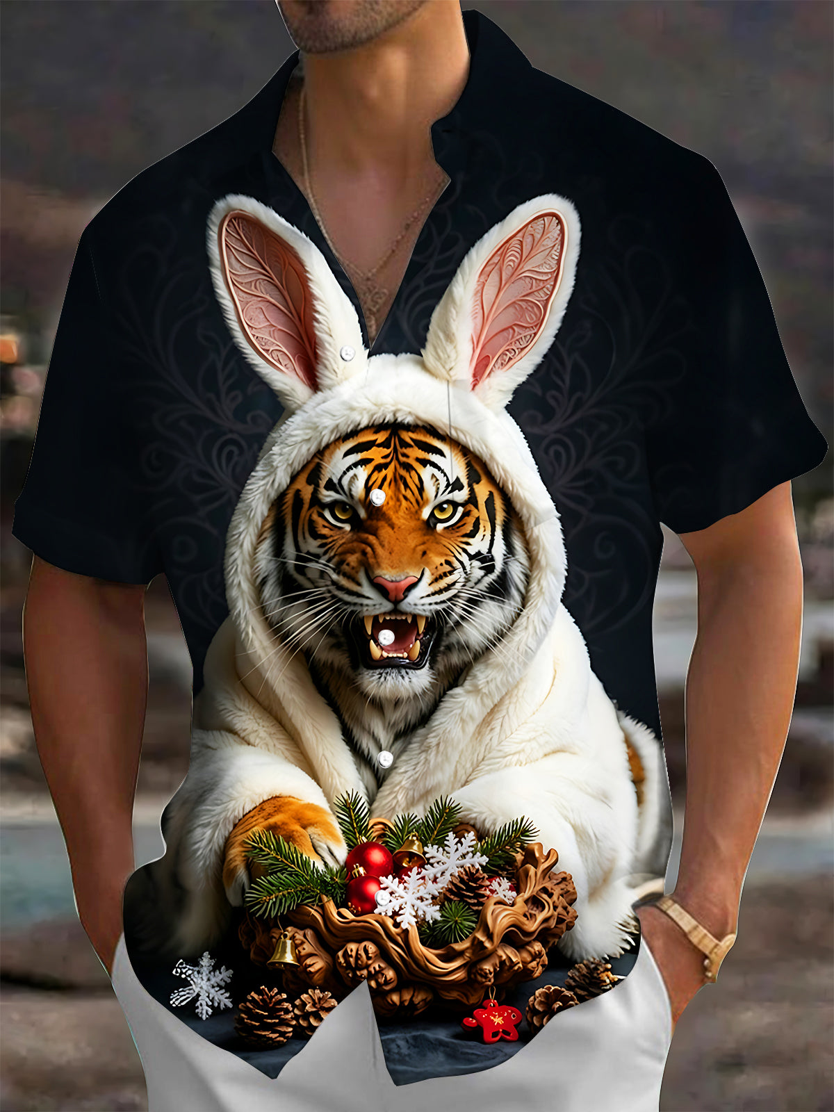 Oceanlyte Men's Short Sleeve Shirt - Christmas Ornaments And Pine Cones Print Tiger In Bunny Costume Print with Chest Pocket