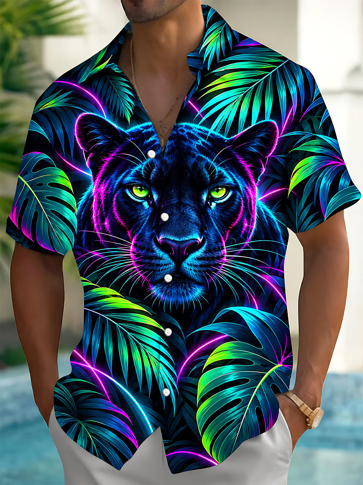 Oceanlyte Men's Neon Black Panther And Tropical Leaves Print Short Sleeve Shirt with Chest Pocket