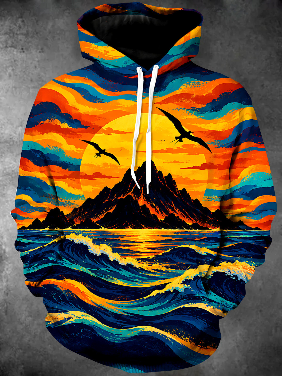 Oceanlyte Men's Sunset Mountain And Ocean Waves Print Long Sleeve Hoodie