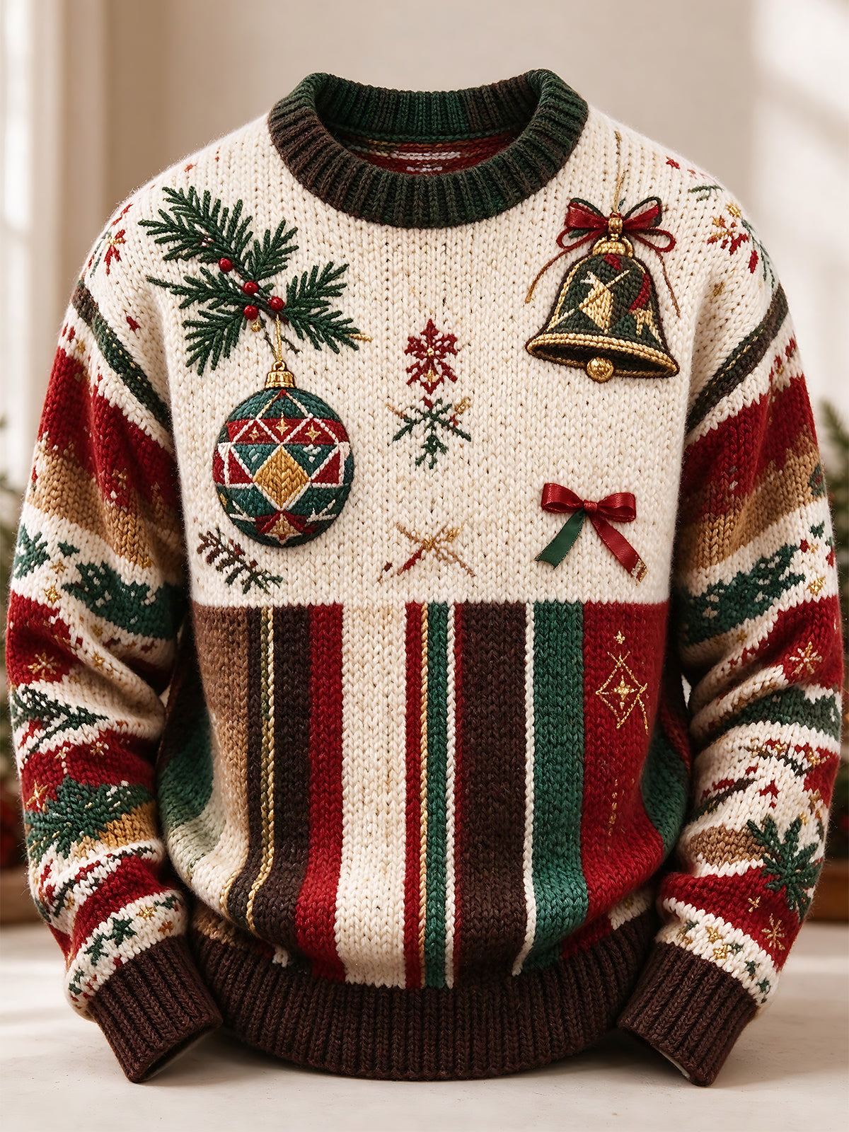 Oceanlyte Men's Long Sleeve Crew Neck Sweater - Christmas Ornaments And Bells Print