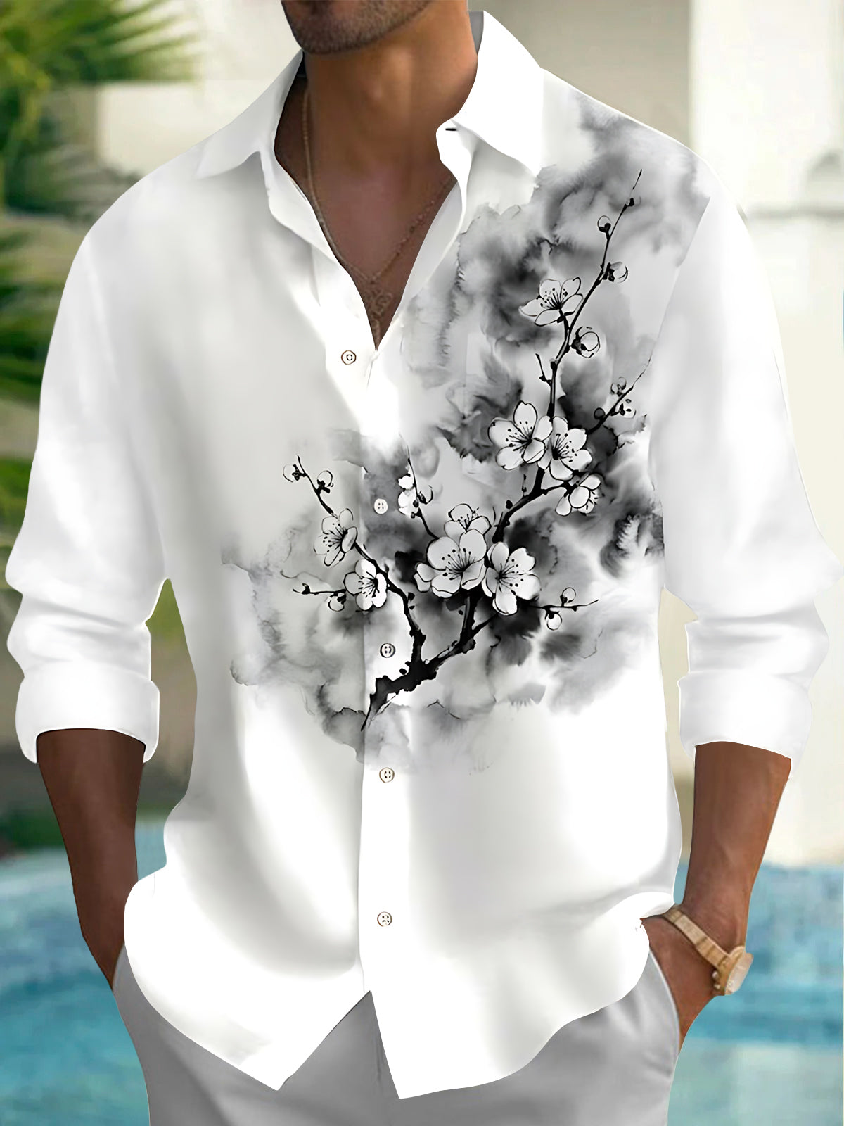 Oceanlyte Men's Floral Cherry Blossom Branches Print Long Sleeve Shirt with Chest Pocket