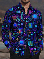 Oceanlyte Men's Retro Neon Circuit Board And Robot Icons Print Long Sleeve Shirt with Chest Pocket