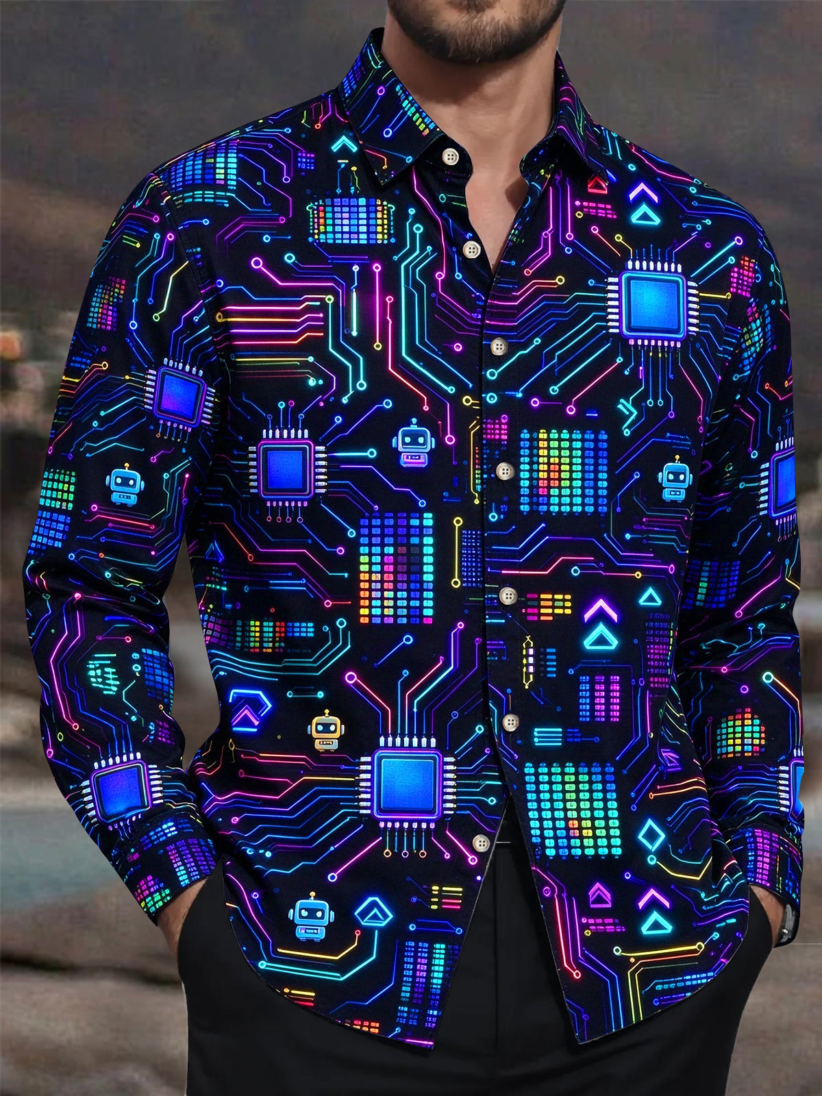 Oceanlyte Men's Retro Neon Circuit Board And Robot Icons Print Long Sleeve Shirt with Chest Pocket