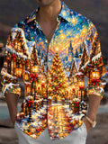 Oceanlyte Men's Long Sleeve Shirt - Christmas Village Scene With Christmas Tree And Snow Print with Chest Pocket