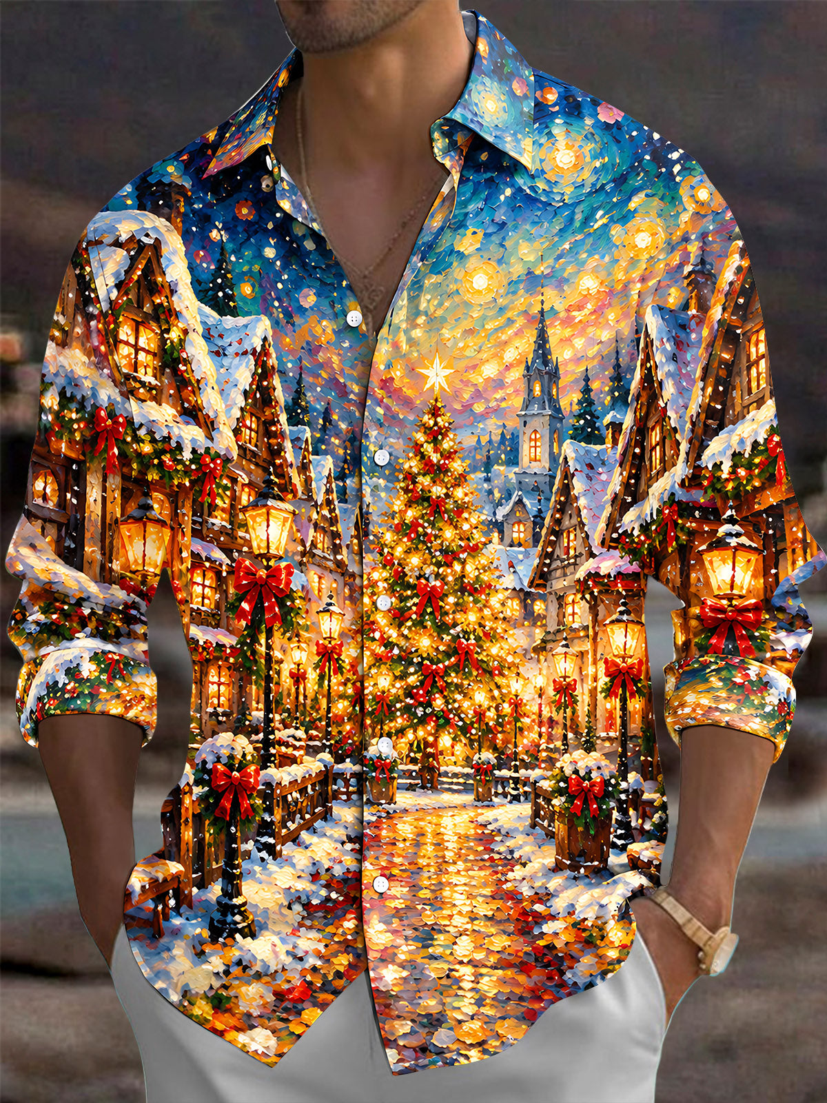 Oceanlyte Men's Long Sleeve Shirt - Christmas Village Scene With Christmas Tree And Snow Print with Chest Pocket