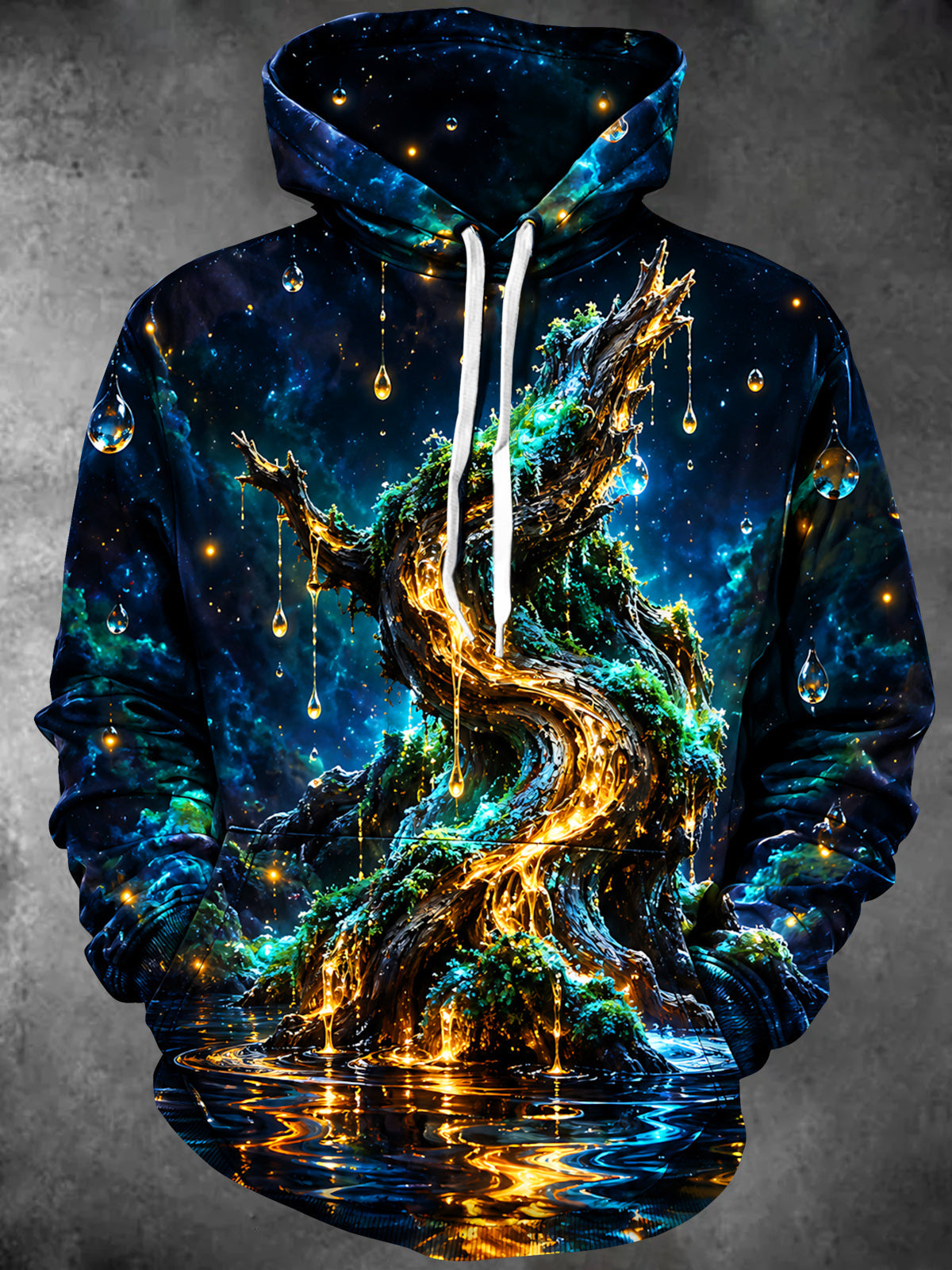 Oceanlyte Men's Long Sleeve Hoodie - Glowing Tree With Water Droplets And Galaxy Background Print