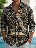 Oceanlyte Men's Long Sleeve Shirt - Praying Hands And Cross With Olive Branches Print with Chest Pocket