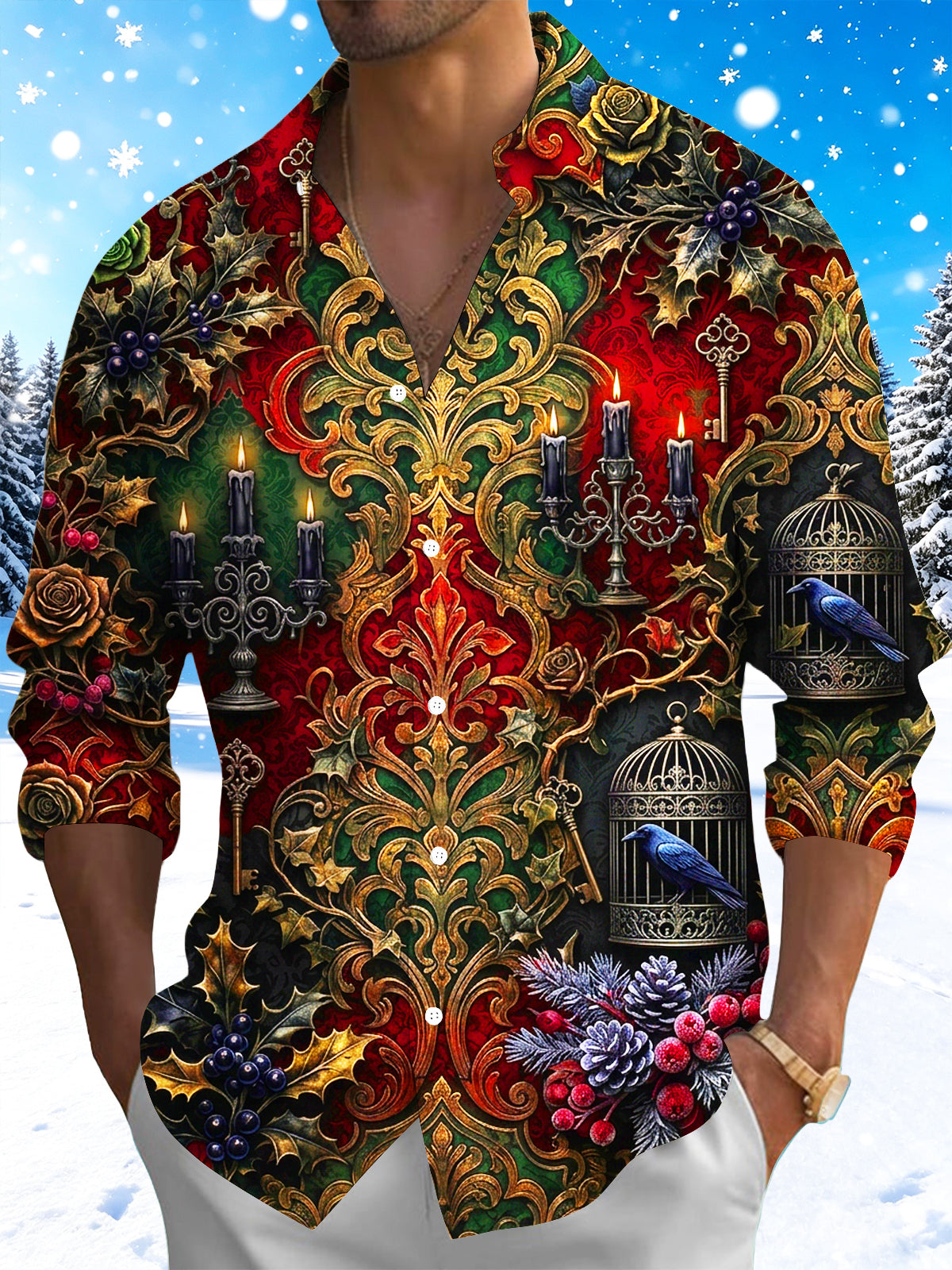 Oceanlyte Men's Long Sleeve Shirt - Gothic Vintage Gothic Candelabras And Raven Birdcages Print with Chest Pocket