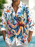 Oceanlyte Men's Graphic Octopus With Bow Tie And Monocle Print Long Sleeve Shirt with Chest Pocket