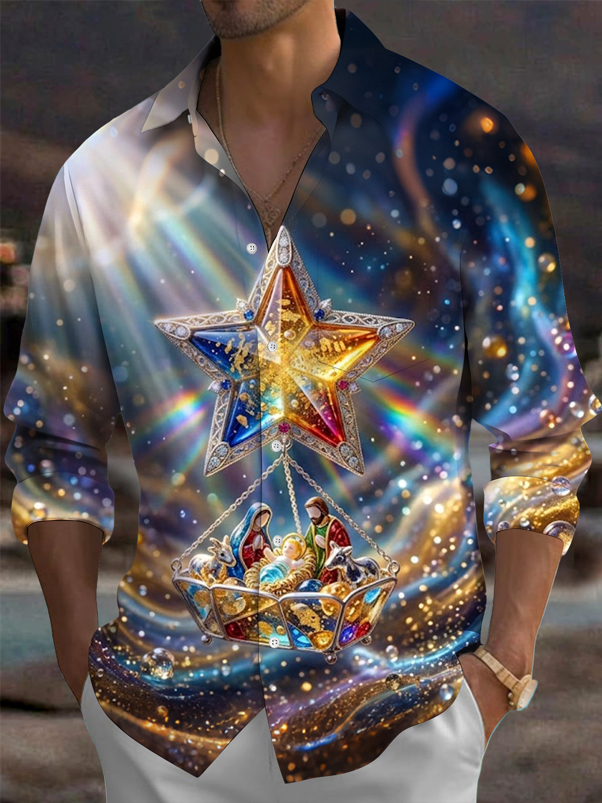 Oceanlyte Men's Nativity Scene With Star Of Bethlehem Print Long Sleeve Shirt with Chest Pocket