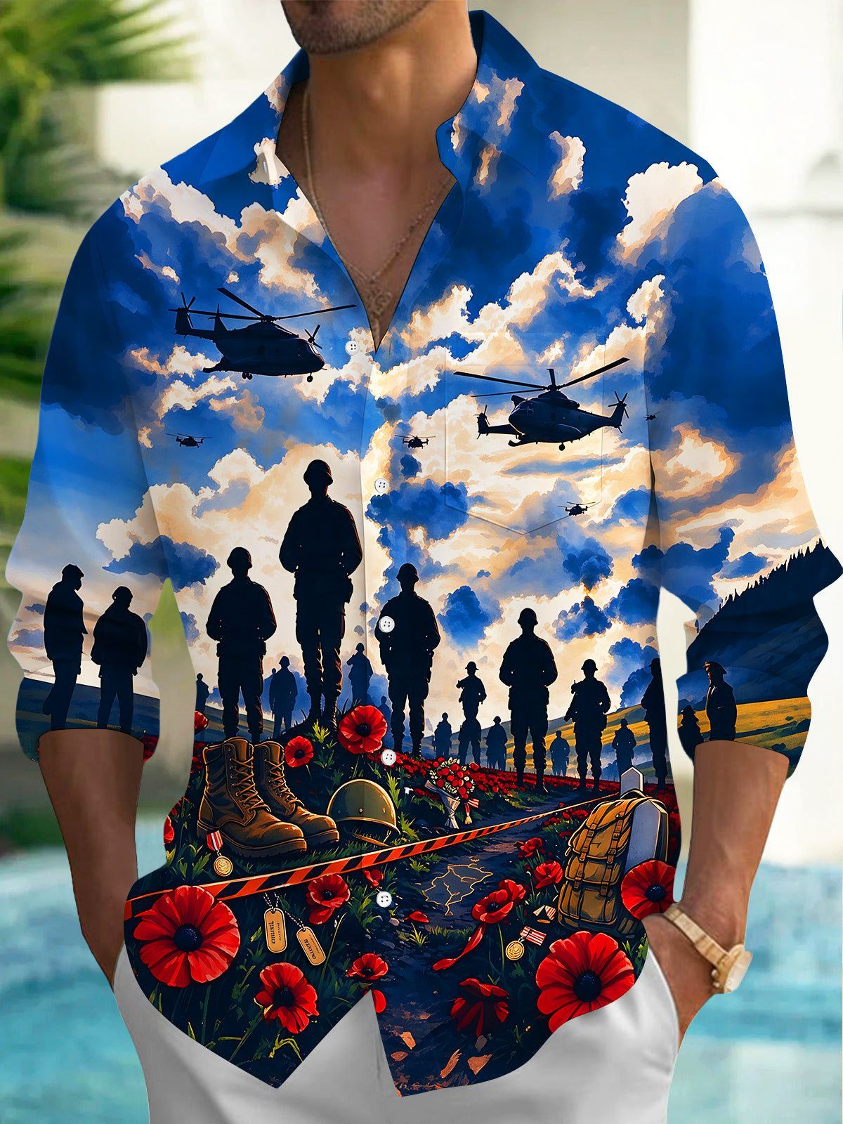 Oceanlyte Men's Long Sleeve Shirt - The "Wings of the Hindu Kush" Soldier Silhouettes And Mountain Print with Chest Pocket