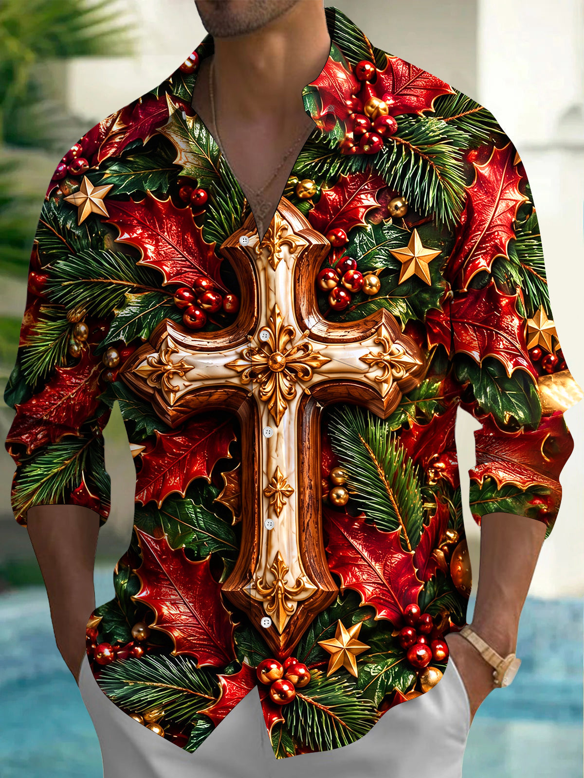 Oceanlyte Men's Long Sleeve Shirt - Christmas 3D Cross With Holly Leaves And Berries Print with Chest Pocket
