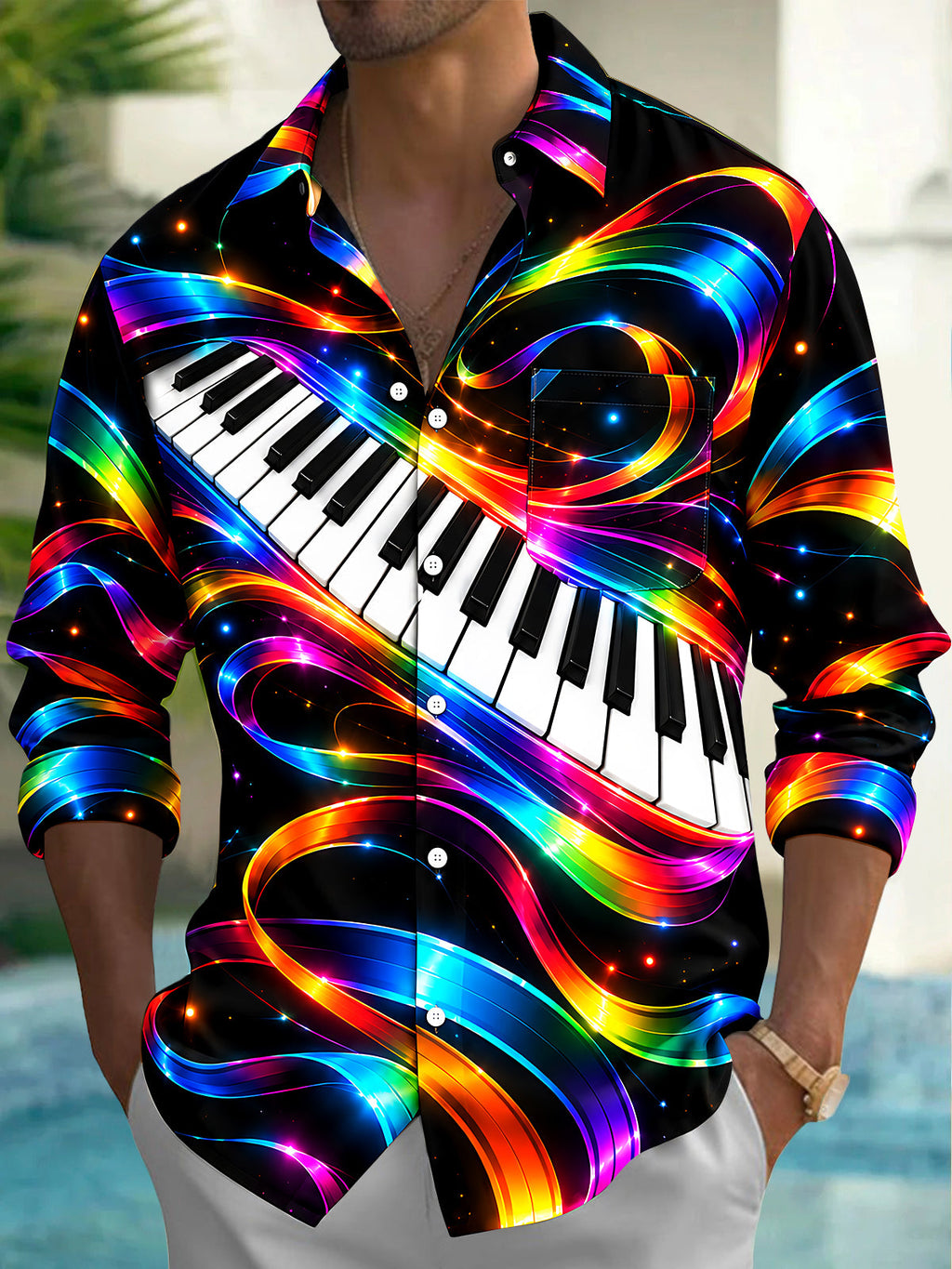 Oceanlyte Men's Long Sleeve Shirt - Neon Piano Keyboard And Rainbow Light Waves Print with Chest Pocket