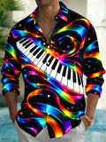 Oceanlyte Men's Long Sleeve Shirt - Neon Piano Keyboard And Rainbow Light Waves Print with Chest Pocket