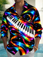 Oceanlyte Men's Long Sleeve Shirt - Neon Piano Keyboard And Rainbow Light Waves Print with Chest Pocket