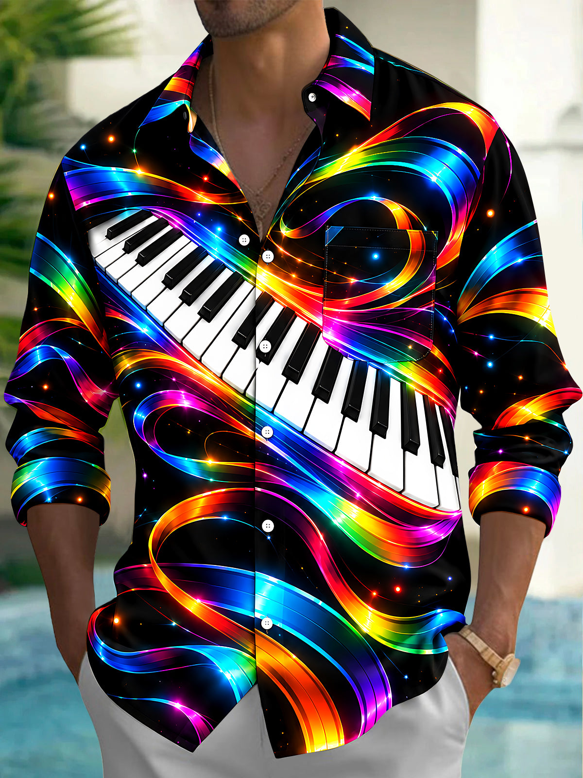 Oceanlyte Men's Long Sleeve Shirt - Neon Piano Keyboard And Rainbow Light Waves Print with Chest Pocket