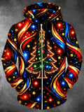 Oceanlyte Men's Long Sleeve Zip-Up Hoodie - Abstract Neon Christmas Tree With Ornaments Print