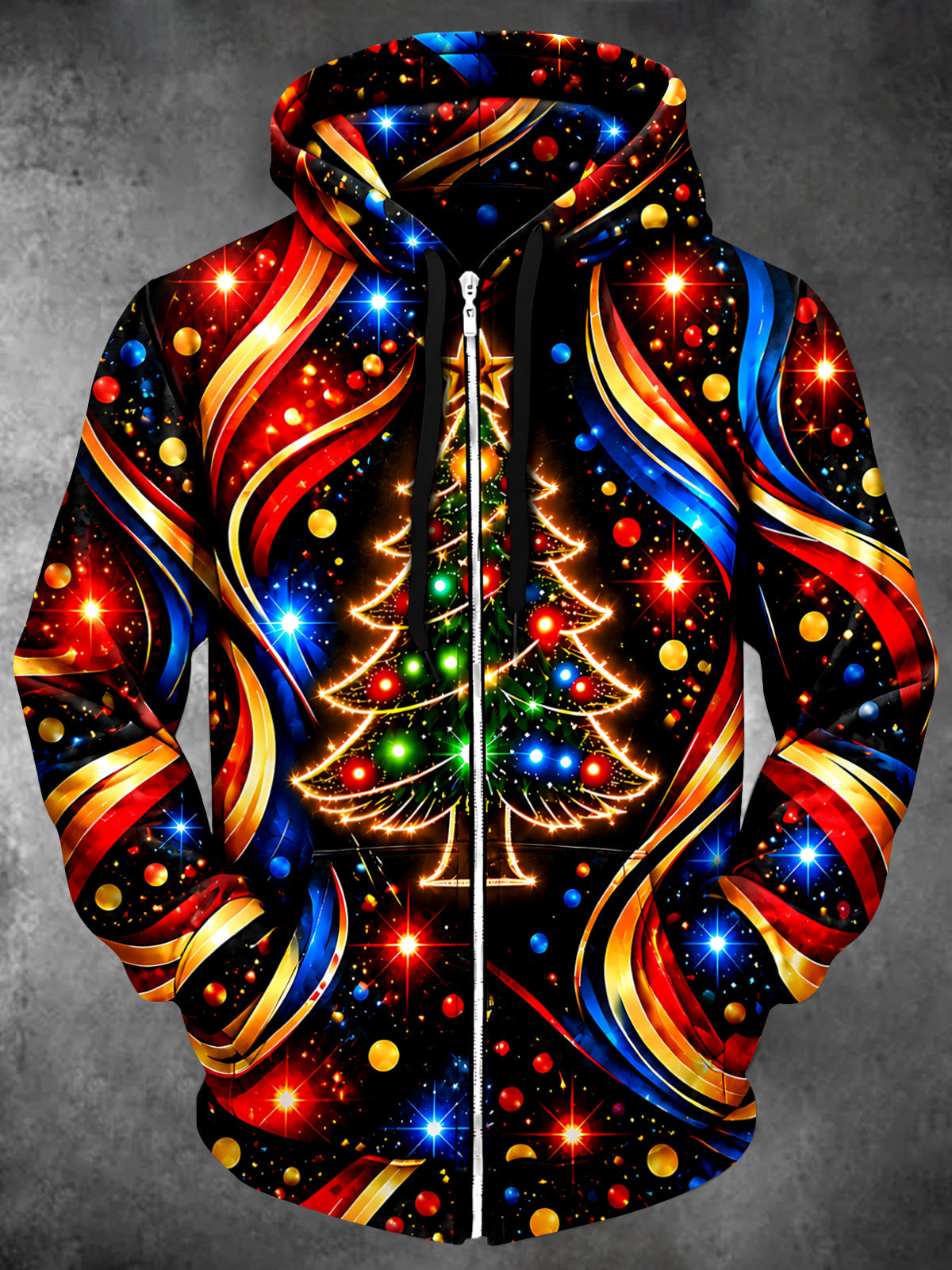 Oceanlyte Men's Long Sleeve Zip-Up Hoodie - Abstract Neon Christmas Tree With Ornaments Print