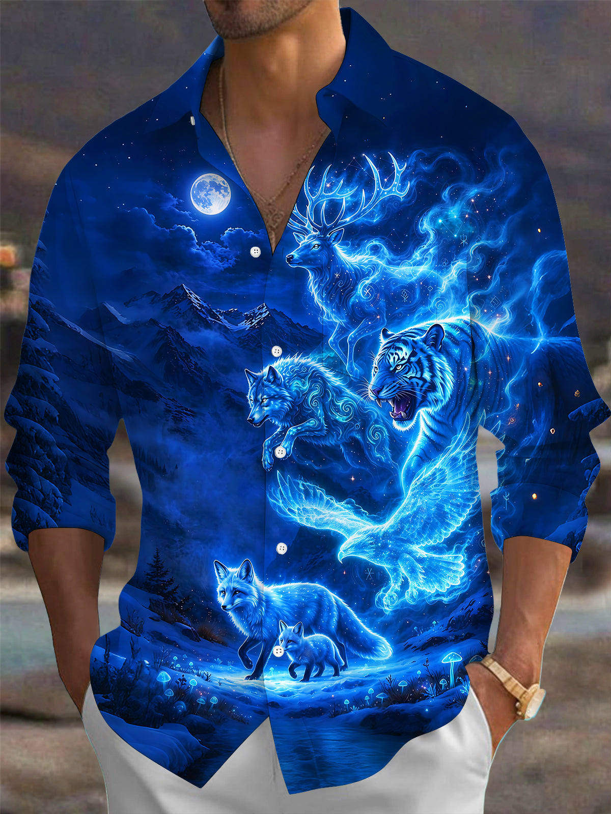 Oceanlyte Men's Fantasy Blue Beasts And Snow Mountain Print Long Sleeve Shirt with Chest Pocket