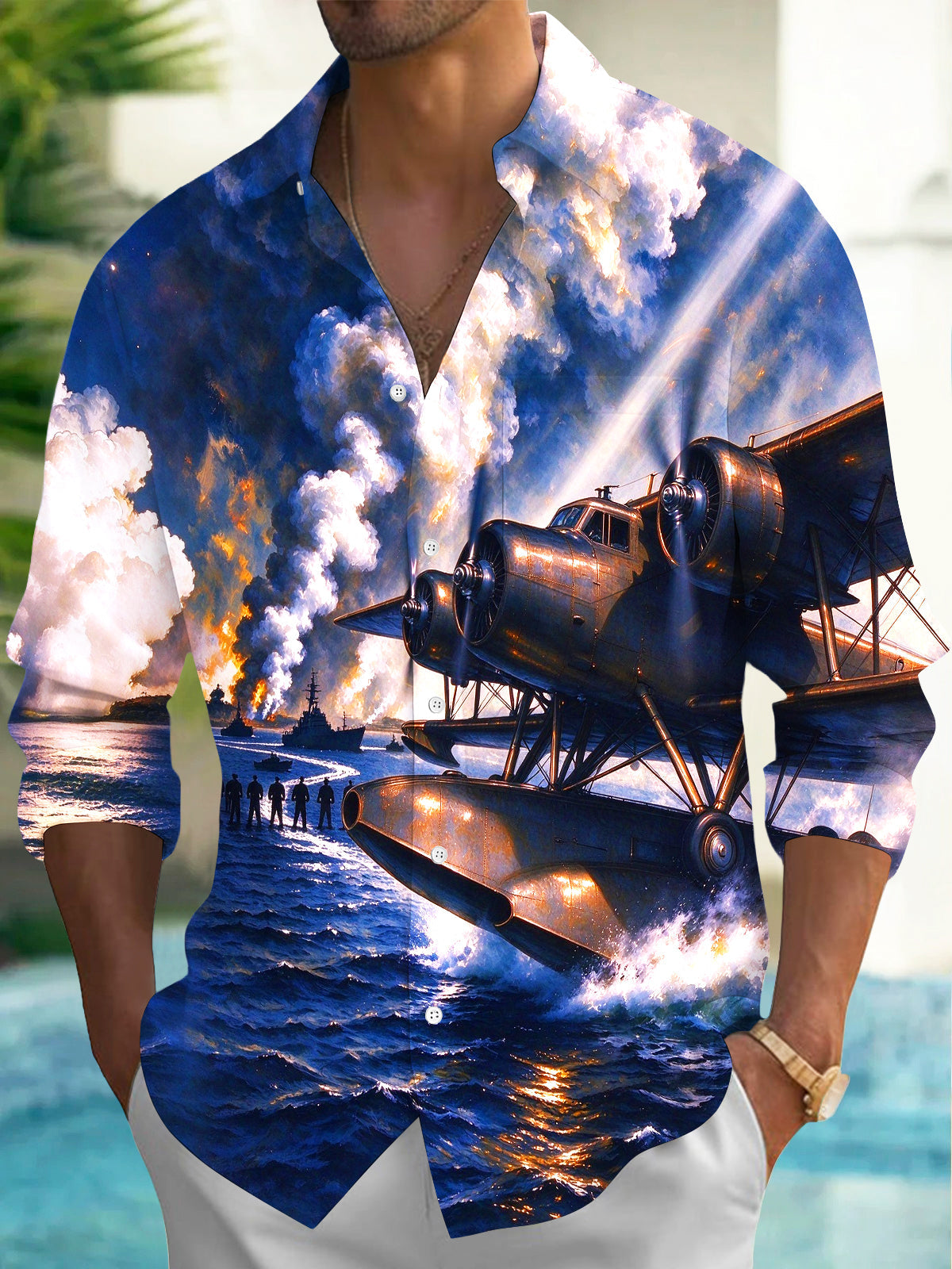Oceanlyte Men's Long Sleeve Shirt - The "Ocean Sentinel" Vintage Seaplane And Naval Battle Scene Print with Chest Pocket
