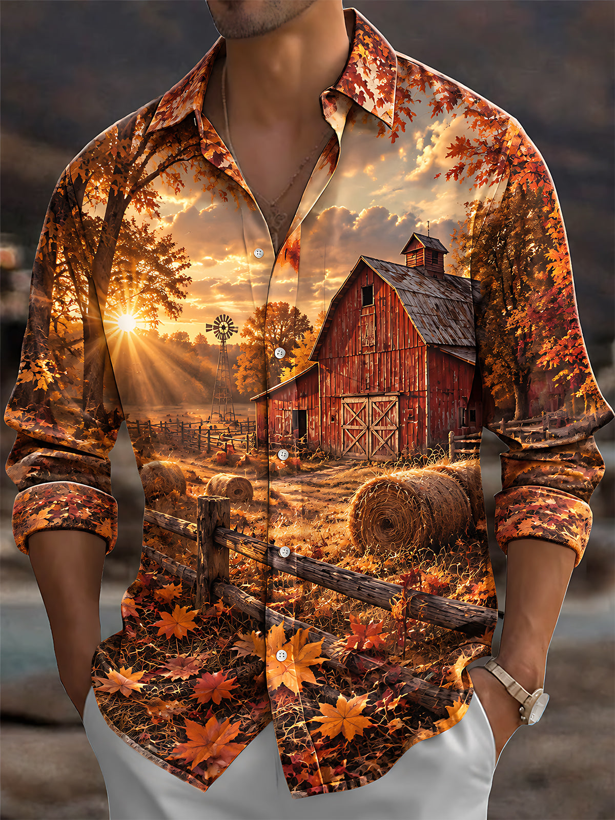 Oceanlyte Men's Long Sleeve Shirt - Thanksgiving Autumn Farm Barn And Hay Bales Print with Chest Pocket