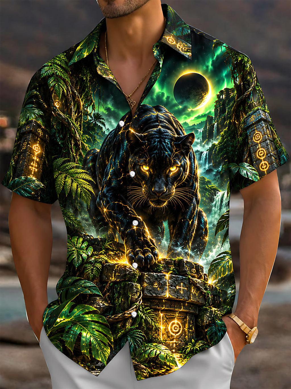 Oceanlyte Men's Black Panther With Glowing Golden Lines Print Short Sleeve Shirt with Chest Pocket