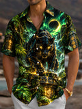 Oceanlyte Men's Black Panther With Glowing Golden Lines Print Short Sleeve Shirt with Chest Pocket